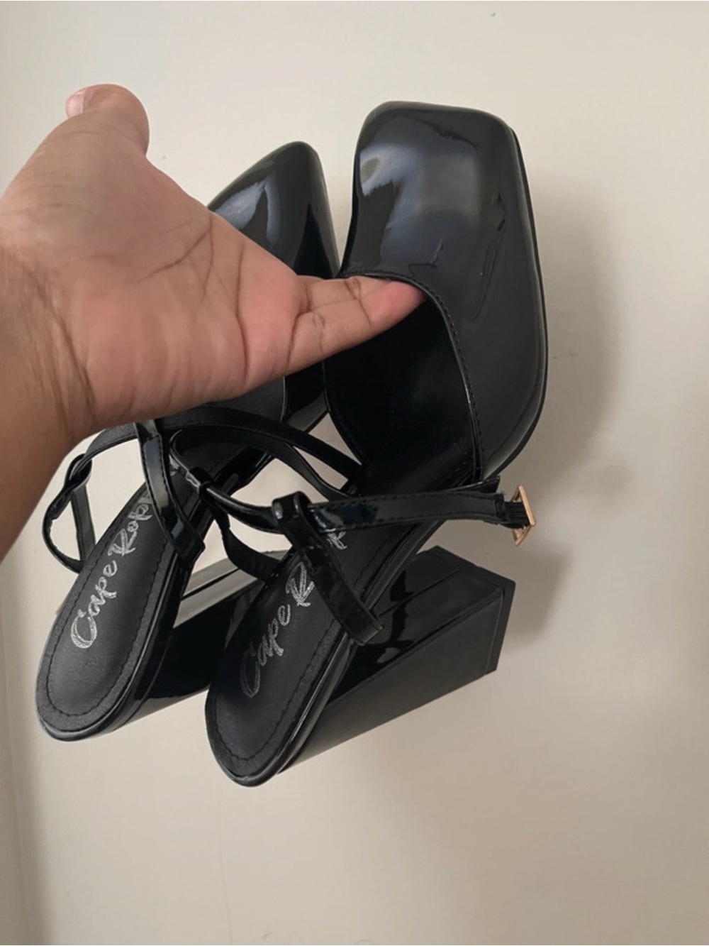 Black Patent Square-Toe Block Heel Sandals